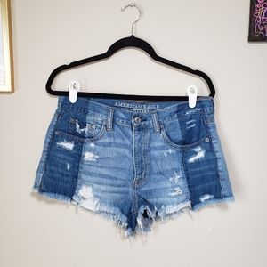 American Eagle Distressed Vintage Hi Rise Festival Button Fly Jean Shorts Sz 8